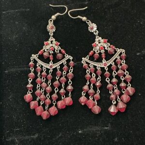 Crimson Chandelier Earrings with Silver Accents